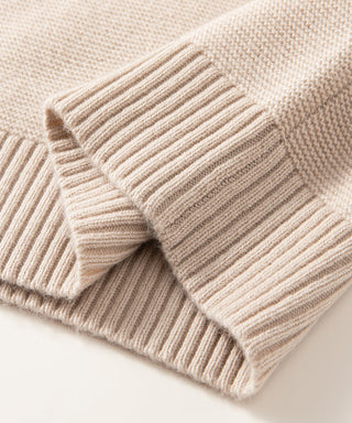 Beige wool-cashmere polo knit ribbed cuff detail with layered taupe trim