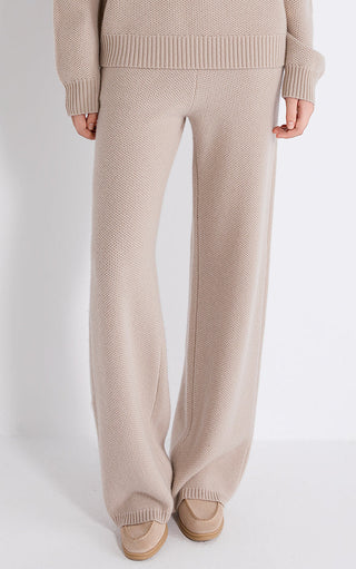 Camel wool-cashmere wide-leg knit pants with ribbed cuffs and elastic waistband