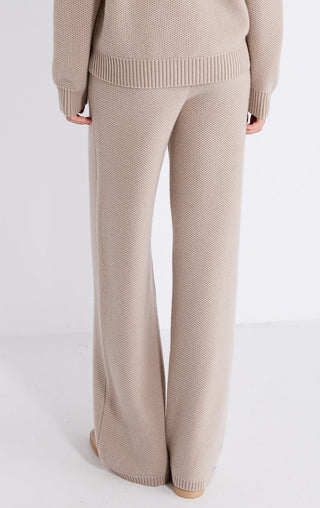 Camel wool-cashmere wide-leg knit pants with ribbed waistband and wide flared legs