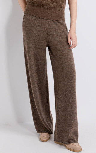 Brown wool-cashmere wide-leg knit pants, ribbed waistband and relaxed straight legs