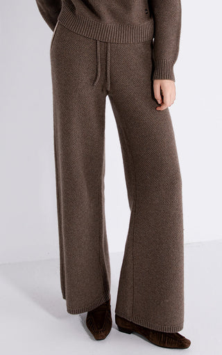 Brown wool-cashmere wide-leg knit pants with vertical seam detail and ribbed cuffs