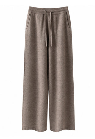 Brown wool-cashmere wide-leg knit pants with drawstring and ribbed waistband