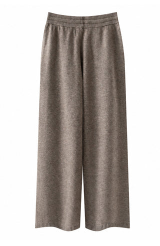 Brown wool-cashmere wide-leg knit pants with ribbed hem and relaxed wide silhouette