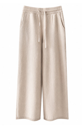 Camel wool-cashmere wide-leg knit pants with drawstring and ribbed hem
