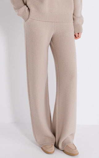 Camel wool-cashmere wide-leg knit pants, relaxed legs and ribbed hems