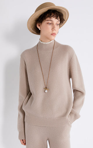 Camel wool-cashmere contrast mock-neck knit sweater with long sleeves and ribbed hem