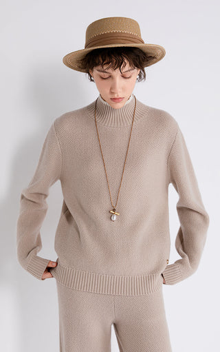 Camel wool-cashmere contrast mock-neck knit sweater, long sleeves, ribbed cuffs and hem