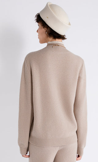 Camel wool-cashmere contrast mock-neck knit sweater, back view with ribbed hem