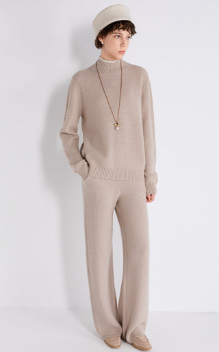 Camel wool-cashmere contrast mock-neck knit sweater with long sleeves and ribbed cuffs