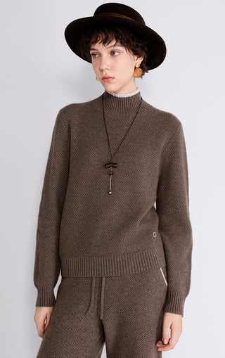 Brown wool-cashmere contrast mock-neck knit sweater with long sleeves and ribbed hem
