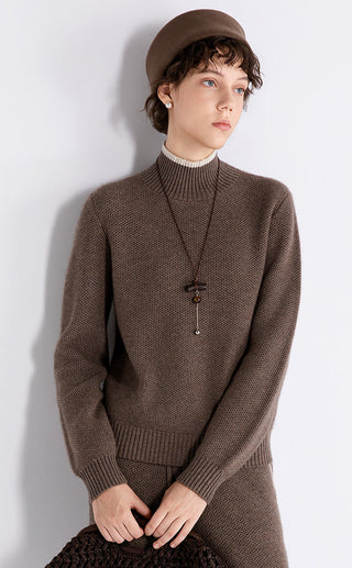 Brown wool-cashmere contrast mock-neck knit sweater with long sleeves and ribbed waistband