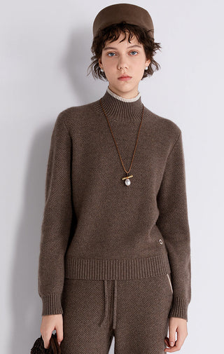 Brown wool-cashmere contrast mock-neck knit sweater front view with ribbed cuffs and hem