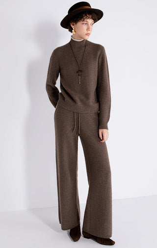Brown wool-cashmere contrast mock-neck knit sweater with long sleeves and ribbed hem