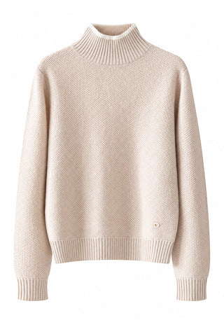 Camel wool-cashmere mock-neck knit sweater with ribbed trim and striped cuffs