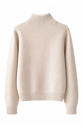 Camel wool-cashmere mock-neck knit sweater with ribbed hem and long sleeves