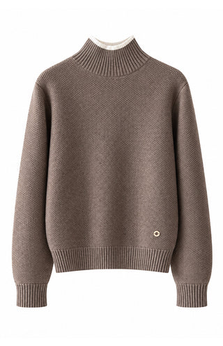 Brown wool-cashmere mock-neck knit sweater with ribbed collar and striped cuffs