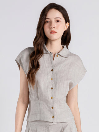 Linen Lyocell Button-Front Blouse