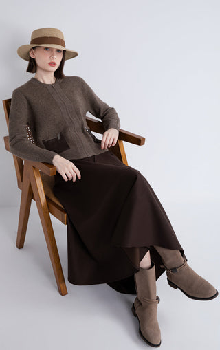 Dark camel wool-cashmere zip cardigan, front pockets with sheepskin trim