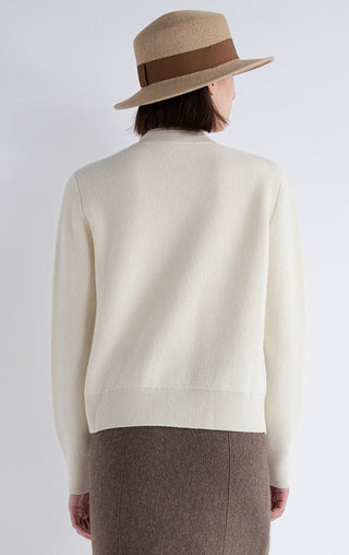 Beige wool-cashmere zip cardigan back view with rib-knit hem and cuffs