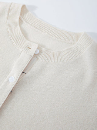 Beige cardigan neckline with button placket and ribbed knit collar