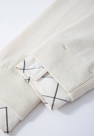 Beige cardigan sleeve cuff with plaid lining and white snap button