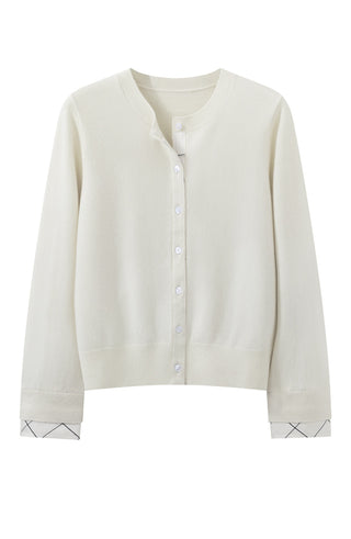 Beige cashmere cardigan with button front and ribbed cuffs