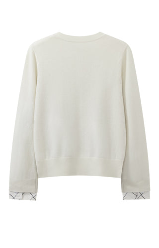 Beige cashmere cardigan back view with ribbed hem and cuff