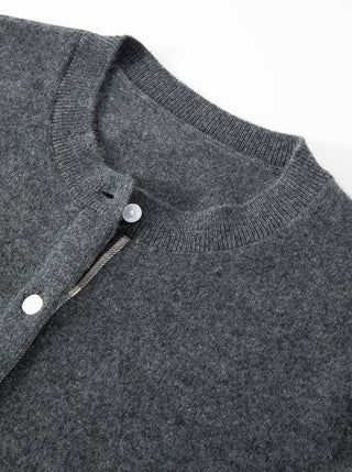 Grey cardigan neckline with button placket and ribbed collar