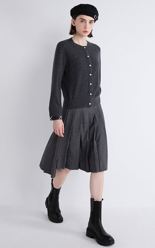 Gray cashmere button cardigan with layered cuffs, hip length, long sleeves