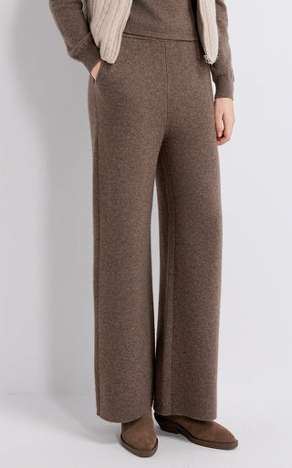 Coffee knit pants with wide legs and relaxed drape