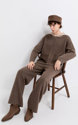 Coffee wool-cashmere knit drawstring pants with relaxed wide-leg silhouette