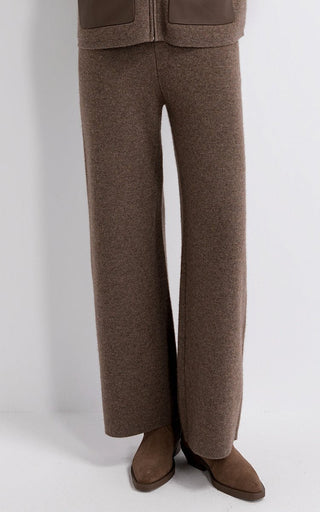 Coffee knit drawstring pants with straight wide legs and ankle length
