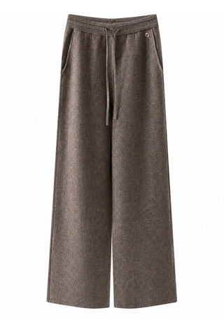 Coffee heathered knit pants with elastic drawstring waist and wide legs