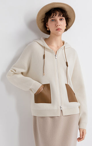 Ivory white wool-cashmere hooded jacket with brown leather pocket panels and zip front