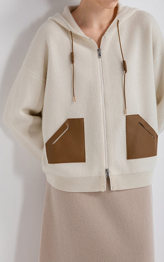 Ivory white hooded wool-cashmere jacket with zip closure, leather-look front pocket panels