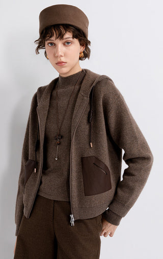Brown wool-cashmere hooded jacket with zip front and leather-look chest pocket panels