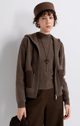 Brown wool-cashmere hooded jacket with zip closure and side pocket panels