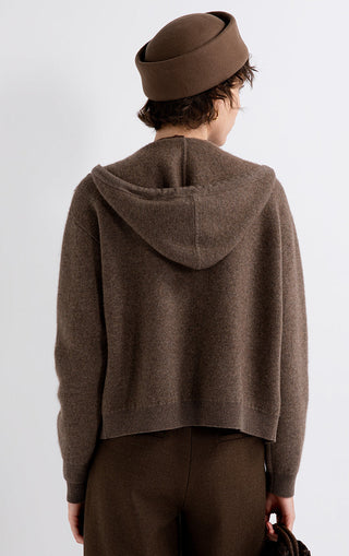Brown wool-cashmere hooded jacket back view with hood and zip-front hem