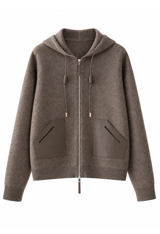 Brown wool-cashmere hooded zip jacket with brown leather-look pocket panels