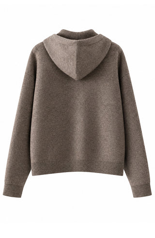 Brown wool-cashmere hooded zip jacket with hood and ribbed hem and cuffs