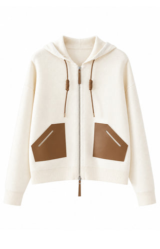 Ivory white wool-cashmere hooded zip jacket with brown leather-look pocket panels