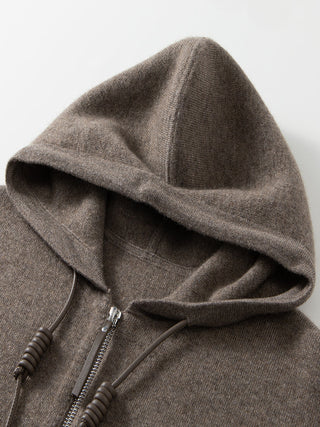 Brown wool-cashmere hooded jacket with front zipper and drawstring