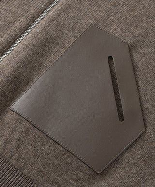 Brown wool-cashmere jacket leather pocket with zipper pull tab
