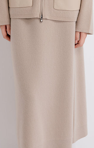 Camel wool-cashmere midi knit skirt with smooth drape and subtle front seam