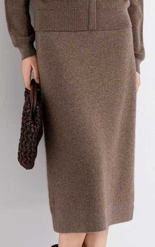 Brown wool-cashmere midi knit skirt with ribbed waistband and straight midi length