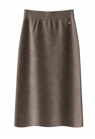 Brown wool-cashmere midi knit skirt with elastic waistband and small metal button