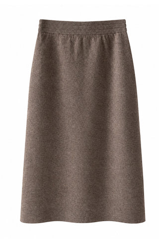 Brown wool-cashmere midi knit skirt with wide elastic waistband and straight hem
