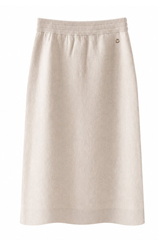 Camel wool-cashmere midi knit skirt with elastic waistband and small metal button