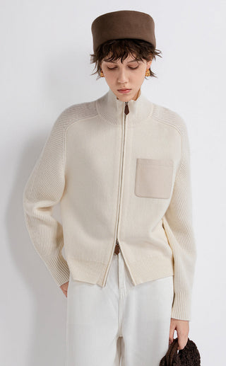 Ivory zip-up wool-cashmere cardigan with ribbed cuffs and front leather patch pocket