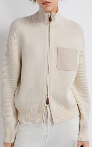 Ivory wool-cashmere zip cardigan with stand collar and leather patch pocket detail